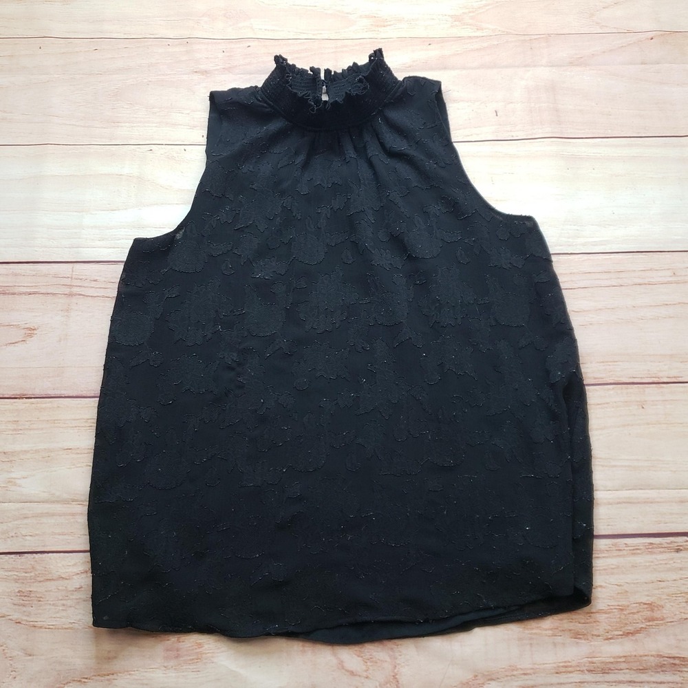 LOFT Blouse‎ Womens M Black High Neck Ruffle Sleeveless Floral Chiffon Lined
